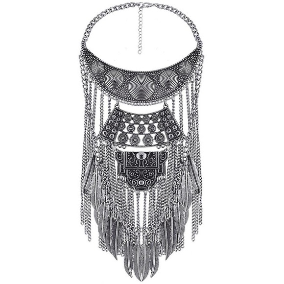 Collar Necklaces Feathers Exaggerated Vintage Maxi Choker Statement Boho Chunky - Picture 1 of 6